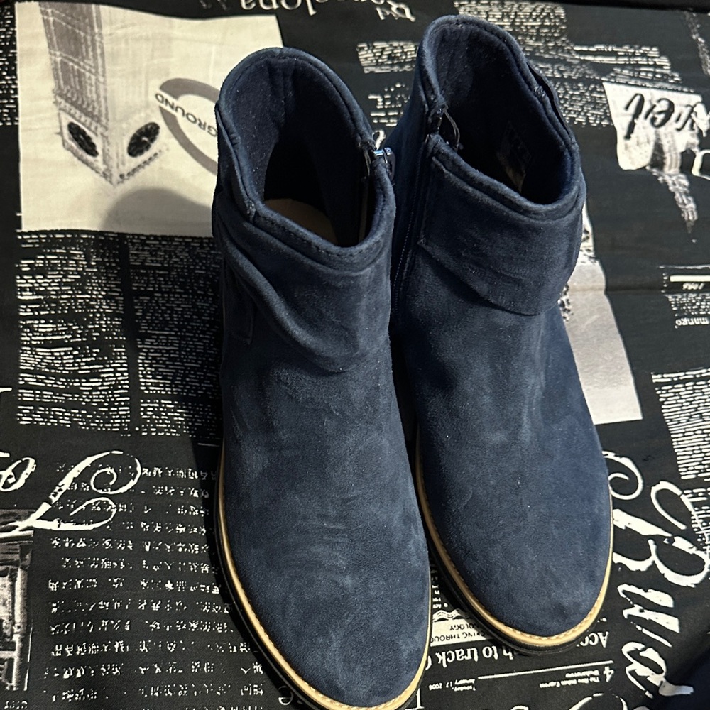 Clarks Navy Suede Wedge with Black Sole